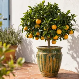 Oranger 'Arancio' (Citrus sinensis) — petit arbre fruitier en pot vernissé sur terrasse · Photo d'illustration