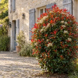 Photinia 'Red light' (Photinia fraseri) — arbuste dense aux jeunes pousses rouges devant maison