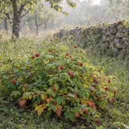 Framboisier fraise (Rubus illecebrosus) — buisson bas couvert de petits fruits rouges · Photo d'illustration