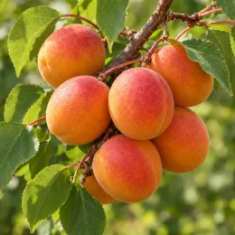 Abricotier 'Precoce saumur' (Prunus armeniaca) — gros plan sur plusieurs fruits mûrs avec feuilles