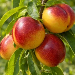 Brugnon nain rubis 'Necta zee' (Prunus persica) — gros fruits bicolores mûrs sur branche feuillue · Photo d'illustration