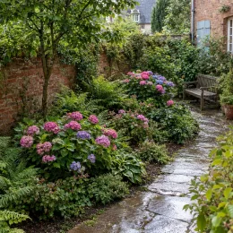Hortensia 'Merveille' (Hydrangea macrophylla) — massifs fleuris le long d’une allée pavée · Photo d'illustration