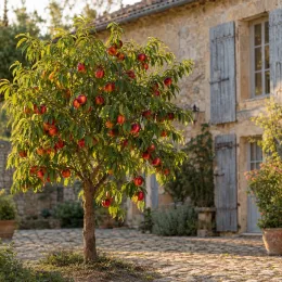 Nectarinier 'Venus' (Prunus persica) — arbre fruitier chargé de fruits colorés