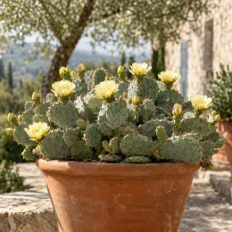 Figuier de barbarie 'Wizzard' (Opuntia fragilis) — cactus aux fleurs jaunes dans grand pot terracotta