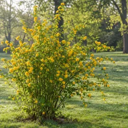 Corête du japon à fleurs doubles 'Pleniflora' (Kerria japonica) — grand arbuste rond couvert de fleurs jaunes