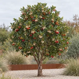 Arbousier. arbre aux fraises 'Rubra' (Arbutus unedo) — arbre isolé couvert de fruits rouges et fleurs · Photo d'illustration
