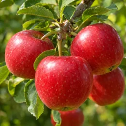 Pommier 'Akane' (Malus domestica) — gros plan de fruits rouges sur branche feuillue · Photo d'illustration