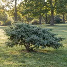 Genévrier 'Grey owl' (Juniperus virginiana) — arbuste étalé isolé sur pelouse de parc