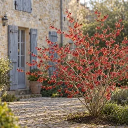 Hamamélis de chine 'Diane' (Hamamelis mollis) — arbuste aux fleurs rouges devant maison en pierre · Photo d'illustration