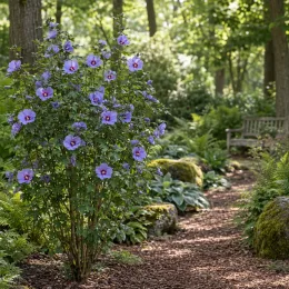 Althéa 'Marina' (Hibiscus syriacus) — arbuste fleuri près d'un sentier de jardin · Photo d'illustration