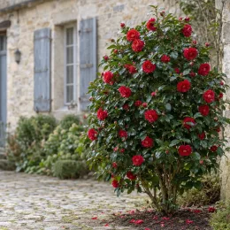 Camélia du japon 'Adolphe audusson rouge' (Camellia japonica) — arbuste fleuri aux grandes fleurs rouges près maison · Photo d'illustration