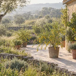 Citronnier caviar 'Faustrime' (Citrus australasica) — arbustes fruitiers en pot sur terrasse ensoleillée