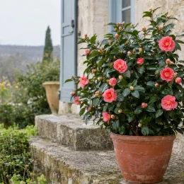 Camelia 'Beniguet' (Camelia japonica) — arbuste fleuri en pot sur marches en pierre · Photo d'illustration