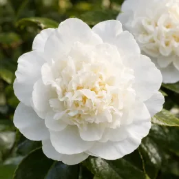 Camelia 'Man size' (Camelia japonica) — gros plan sur grande fleur blanche double · Photo d'illustration