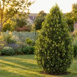 Pittospore 'Irish luck' (Pittosporum tenuifolium) — arbuste conique isolé sur pelouse de jardin · Photo d'illustration
