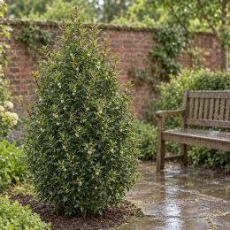 Houx commun 'Myrtifolia' (Ilex aquifolium) — arbuste dense isolé sur terrasse de jardin · Photo d'illustration