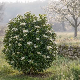 Viorne tin 'Le thoureil' (Viburnum tinus) — arbuste arrondi couvert de petites fleurs blanches · Photo d'illustration
