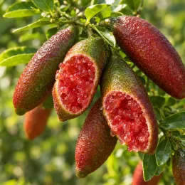 Citronnier caviar 'Rouge' (Citrus australasica) — fruits allongés ouverts laissant voir pulpe perlée
