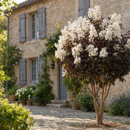 Lilas des indes 'White queen' (Lagerstroemia indica) — arbuste fleuri devant maison en pierre