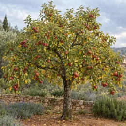 Pommier 'Calville rouge' (Malus domestica) — arbre fruitier chargé de fruits rouges au jardin · Photo d'illustration