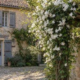 Clématite des montagnes 'Grandiflora' (Clematis montana) — liane fleurie couvrant pergola devant maison en pierre · Photo d'illustration