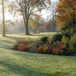 Bambou sacré Fire Power (Nandina domestica) — massif de plantes colorées dans grand jardin · Photo d'illustration