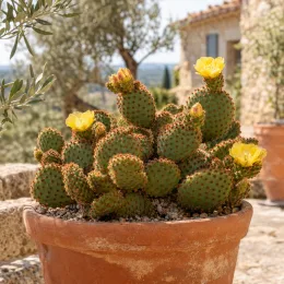 Figuier de barbarie 'Rufida' (Opuntia) — cactus aux fleurs jaunes en pot terracotta