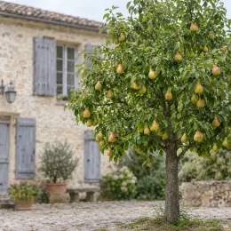 Poirier bartlett 'Bartlett' (Pyrus communis) — arbre fruitier chargé de fruits devant maison en pierre