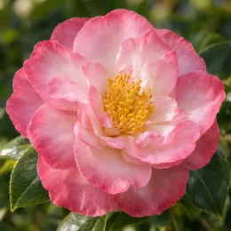 Camelia 'Docteur tinsley' (Camelia japonica) — gros plan sur une fleur bicolore · Photo d'illustration