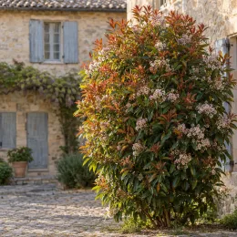 Néflier hybride 'Coppertone' (× Rhaphiobotrya) — grand arbuste fleuri devant maison en pierre