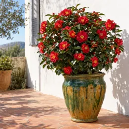 Camelia 'San dimas' (Camelia japonica) — arbuste fleuri en pot vernissé sur terrasse · Photo d'illustration