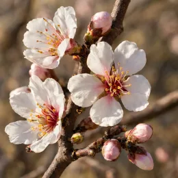 Amandier 'Tuono' (Prunus amygdalus) — branche avec fleurs ouvertes et boutons floraux