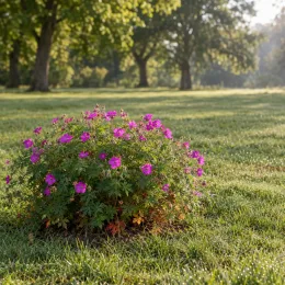 Pélargonium (Geranium sanguineum) — massif arrondi de petites fleurs roses au jardin · Photo d'illustration