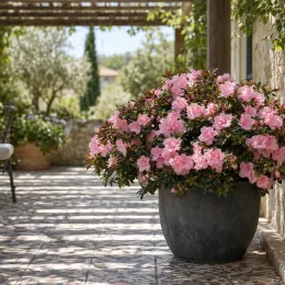 Azalée japonaise 'Gilbert mullier rose' (Azalea japonica) — grand arbuste fleuri dans un pot gris sur terrasse · Photo d'illustration