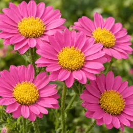 Aster 'Happy end' (Aster alpinus) — cinq fleurs roses à cœur jaune en gros plan · Photo d'illustration
