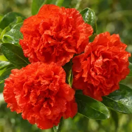 Grenadier à fleurs 'Rubroplena' (Punica granatum) — trois grandes fleurs doubles rouges avec feuillage