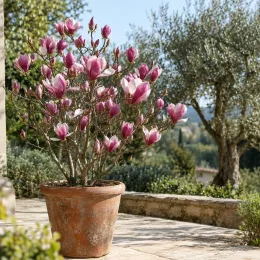 Magnolia — arbuste fleuri en pot sur terrasse ensoleillée