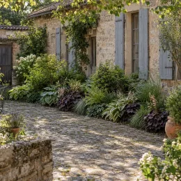 Heuchères 'Caffe expresso' (Heuchera) — massif de vivaces au pied d’une maison en pierre · Photo d'illustration