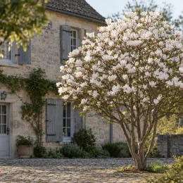 Magnolia de soulange 'Alba superba' (Magnolia soulangeana) — grand arbre fleuri près d’une maison en pierre