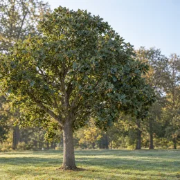 Chêne vélani 'Macrolepis' (Quercus ithaburensis) — arbre isolé au tronc droit dans un pré · Photo d'illustration
