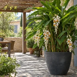 Gingembre coquille panaché (Alpinia) — grand plant luxuriant en pot sur terrasse · Photo d'illustration