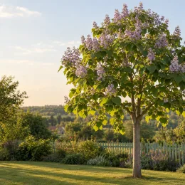Paulownia 'Futuro' (Paulownia elongata) — arbre isolé en fleurs dans un jardin