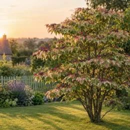 Cornouiller à feuilles alternes 'Pinky spot' (Cornus alternifolia) — arbuste coloré isolé au jardin au coucher du soleil · Photo d'illustration