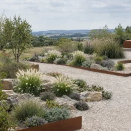 Herbe aux écouvillons (Pennisetum villosum) — massif de graminées décoratives dans un jardin sec · Photo d'illustration