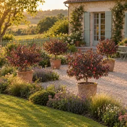 Pêcher 'Crimson' (Prunus persica) — petits arbres fruitiers pourpres en pot devant maison