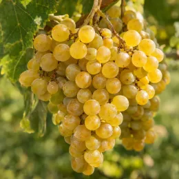 Vigne 'Chardonnay' (Vitis vinifera) — grappe compacte de raisins jaunes mûrs · Photo d'illustration