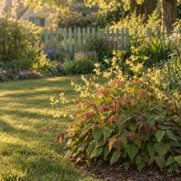 Fleur des elfes 'Sulphureum' (Epimedium versicolor) — touffe fleurie au bord d’une pelouse ensoleillée · Photo d'illustration