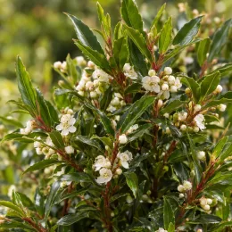 Laurier du portugal 'Myrtifolia' (Prunus lusitanica) — feuillage dense avec petites fleurs blanches · Photo d'illustration