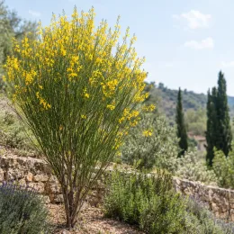 Genêt d'espagne (Spartium junceum) — grand arbuste fleuri sur talus ensoleillé · Photo d'illustration