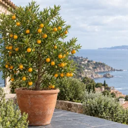 Oranger caviar (Citrus) — arbuste fruitier en pot sur terrasse côtière